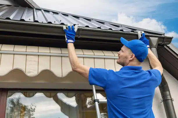 Roofer inspecting a roof for leaks after a rainstorm.