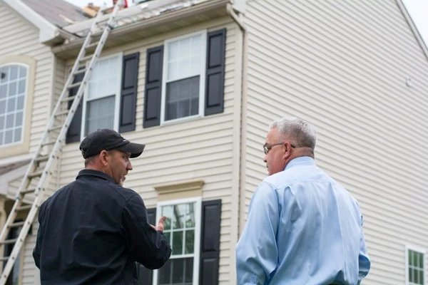 Homeowner calling a roofing contractor for storm damage repair.